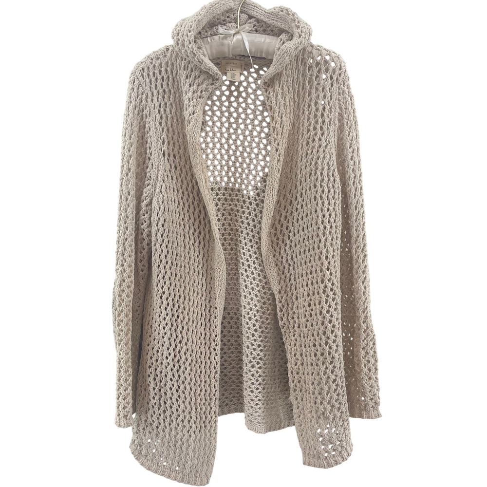Nicole Miller Artelier Open Knit Cardigan Women's M Beige Hooded Chunky Slouchy